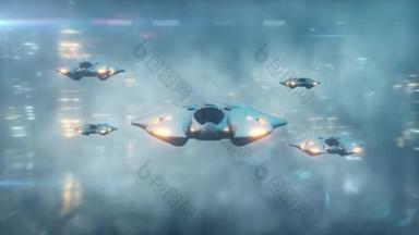 未来主义的3d 场景, 飞机在雾中在<strong>科技城市</strong>的飞行